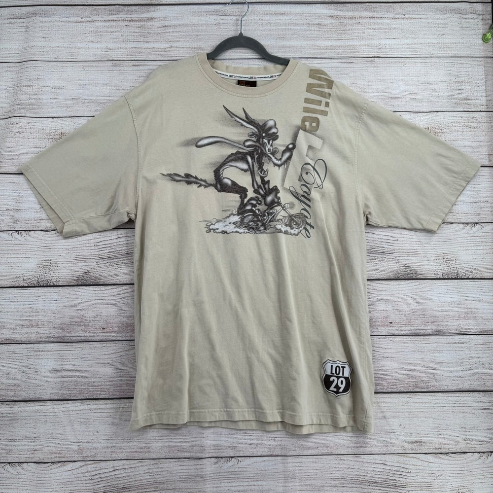 Vintage Y2K Lot 29 T-Shirt Mens XXL Tan Wile E Coyote Biker Looney Tunes Graphic